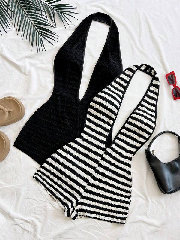 Soleia 2pcs/Set Retro Striped Contrast Color Halter Sexy Women's Jumpsuit + Black Halter Jumpsuit, Casual Vacation, Date, Afternoon Tea, Beach, Cruise, City Trip, Music Festival, Party, Bohemian, Hippie, Western Style, Can Be Worn Inside Or Outside, Daily Commute