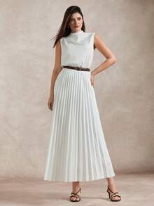 Briarwyn Elegant White Summer High Neck Pleated Dress,Waist Cinched Brunch Outfits For Women,Vacation Beach Dress,Luxury Evening Wedding Party Ceremony Dress - White - View 7