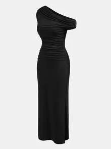 SHEIN 少女黑色针织不对称肩部褶皱腰部简约优雅休闲修身连衣裙，适合情人节穿着 - 黑色 - 查看 5