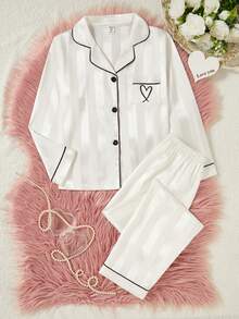 Conjunto de pijama de 2 piezas con cárdigan de manga larga a rayas color champán y pantalones para niñas - Blanco - Ver 4