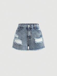 Girlism 千禧年少女春夏复古水洗低腰破洞毛边宽松牛仔短裤，适合夏季波西米亚风海滩音乐会、锐舞节等场合，夏季可爱短裤，夏季假期，春季，海滩，休闲度假，情人节，适合春夏季节，复古/海滩/海洋/优雅毕业季，休闲，夏季假期，春季，海滩 - 淺色水洗藍 - 查看 3