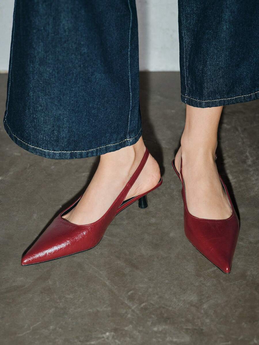 4厘米酒红色高跟鞋，派对礼服鞋，套穿式尖头细高跟鞋，优雅，猫跟鞋