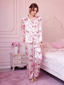 蝴蝶结爱心图案长袖睡衣套装 - 长袖纽扣领上衣和长裤，柔软缎面睡衣，可机洗，可外穿 - 粉色 - 查看 5