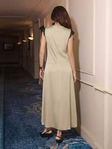 Maija Vestido de mujer 2026 con cuello redondo, manga corta, parches de encaje y abertura alta - Albaricoque - Ver 2
