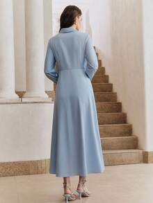 Vestido maxi azul claro de mujer con diseño hueco de cuerda de cuello de camisa de unicolor elegante y de línea A de Anewsta, nuevo y de moda - Azul - Ver 3