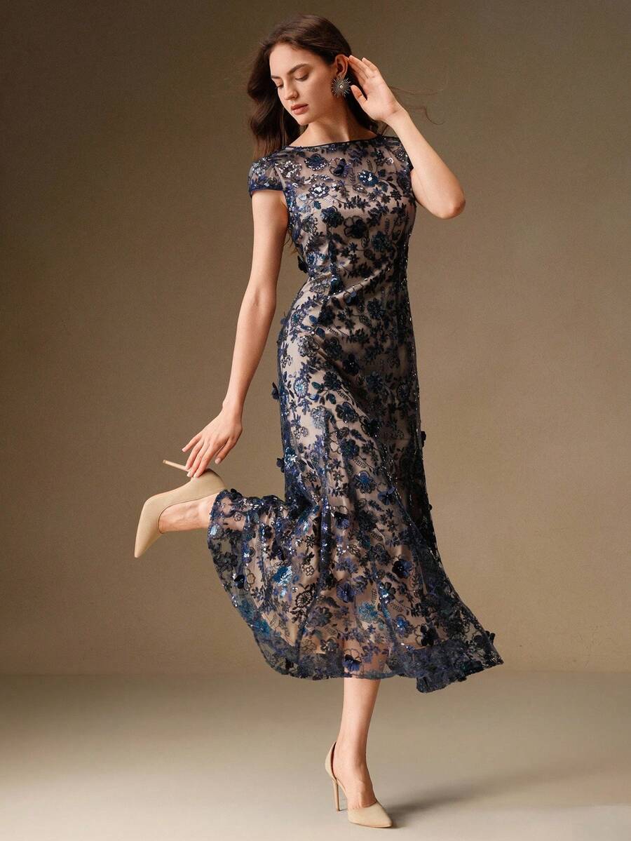 Anewsta Váy ngắn tay thêu hoa thanh lịch màu sâm panh, lưới phủ ngoài, thích hợp mặc dự tiệc, hẹn hò, nghỉ dưỡng, xuân/hè - Màu xanh hải quân - Xem 1