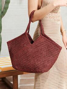 SHECARRY Bolso de mano tejido de moda para mujer, bolso de hombro de gran capacidad - Marrón rojo - Ver 8