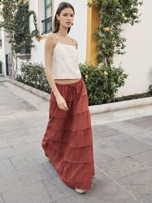 Nöista Rust-Colored Maxi Skirt Features Tiered Layers And A Comfortable Drawstring Waist. Boho-Inspired Looks, Spring, Summer, Festival, . - Rust Brown - View 5