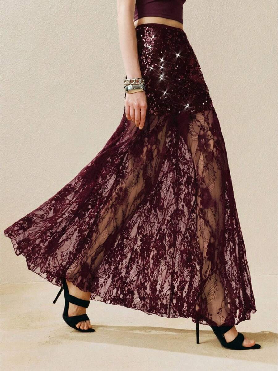 Arave 女士优雅亮片撞色蕾丝派对酒红色半身裙亮片长裙蕾丝长裙女士优雅半身裙情人节款 - 酒紅色 - 查看 1