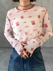 FRIFUL 女士宽松休闲百搭上衣，通体印花，饰有数字和字母图案，采用轻薄网纱面料，并配有同色缝线细节。 - 米色 - 查看 4