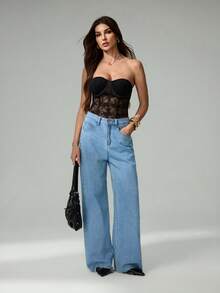 SHEIN Tall Women's Black Lace Bodysuit: Strapless Sleeveless Knitted Sheer Floral Lingerie Top - Black - View 6