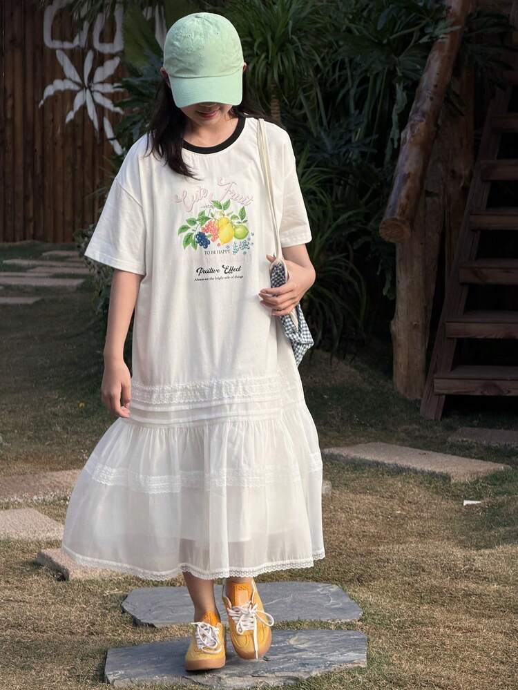 Tween Girl Round Neck Letter & Fruit Print Casual Vacation Daily Wear Short Sleeve Dress Summer
