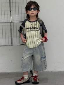 DAZY Young Boy Elastic Waist Slant Pocket Casual Loose Denim Shorts - Blue - View 3