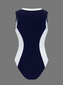 Swim SPRTY 女士撞色拼接圆领无袖拉链装饰连体泳衣，适合海滩度假 - 藏蓝色 - 查看 6