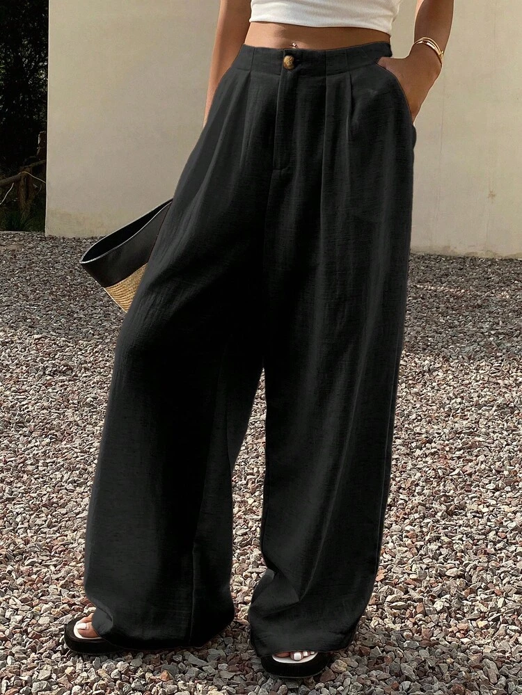 Women's Loose Solid Color Wide Leg Pants With Pockets, Casual Vacation Summer Trousers