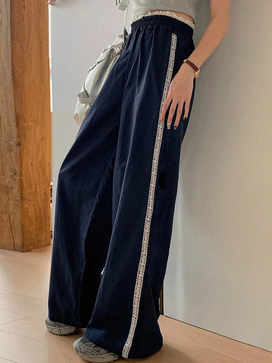 DAZY Quần ống rộng ren dáng casual đa năng dành cho nữ tuổi teen, thích hợp mặc hàng ngày. - Màu xanh hải quân - Xem 1