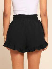 Coeurva Tassel Tie Paperbag Waist Ruffle Hem Shorts - Black - View 2