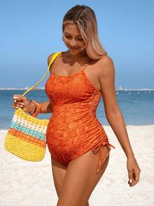 Swim Vcay Rust Orange Women's One-Piece Swimsuit,Shell Print Side Drawstring Spaghetti Strap Tummy Control Bathing Suit For Summer,Beach,Holiday,Wedding Ninang - Multicolor - View 6