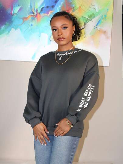 Steph T 女式标语印花落肩运动衫、七分袖上衣