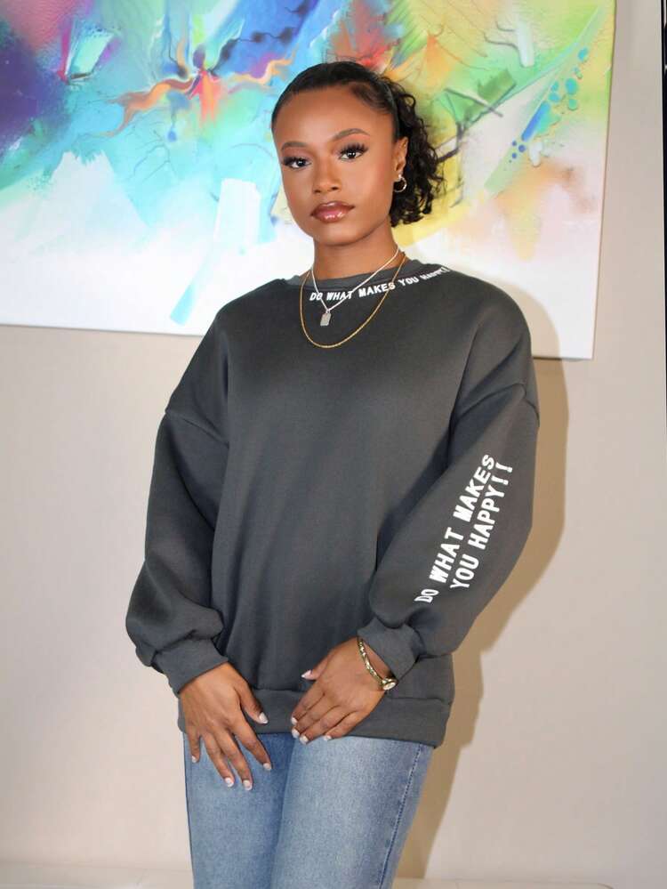 Steph T 女式标语印花落肩运动衫、七分袖上衣 - 深灰色 - 查看 1