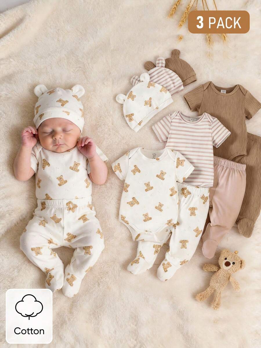SHEIN 3pcs/Set Newborn Unisex White Cute Bear & Ribbed Pattern Cotton Outfit Short Sleeve Bodysuit Pants Hat Soft Autumn Family Matching Neutral Clothes - Multicolor - View 1