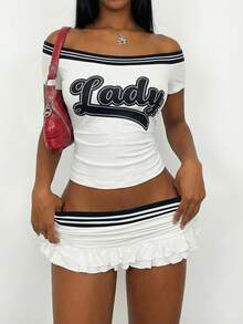 BamGleam Women's Off-Shoulder Sexy Fashion Letter Print Ruched Fitted T-Shirt, Spring/Summer - White - View 4