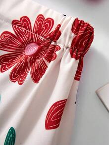 Girls Red And White Floral Midi Skirt Set,Summer Vacation Holiday Brick Red Cropped Tank Top,Flutter Sleeves,Vintage Buttons,Funny Layered Outfit - Multicolor - View 6