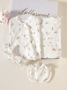 SHEIN 4pcs Newborn Baby Girl White Ditsy Floral Gift Set Cute Autumn Holiday Soft Knit Romper Bow Headband Mittens Swaddle Blanket 0-9 Months Layette - White - View 7