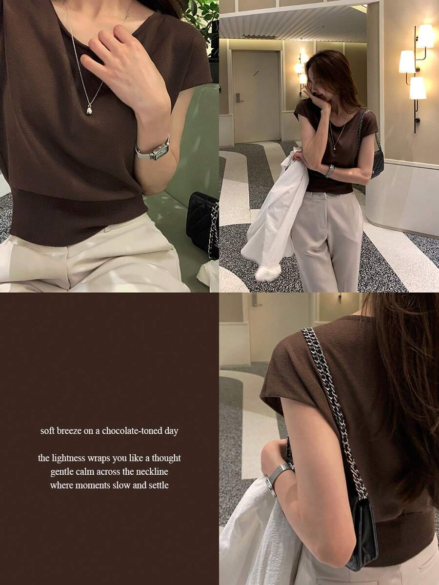 DAZY Women's Relaxed Fit Crew Neck Basic Knit Top - Brown - View 1