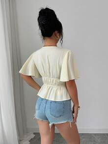 Elenzga Elegant,Effortless Chic Cream White Women's Blouse,Deep V-Neck Ruffled Sleeves Front Knotted Hem Casual Summer Top For Vacation - Apricot - View 2