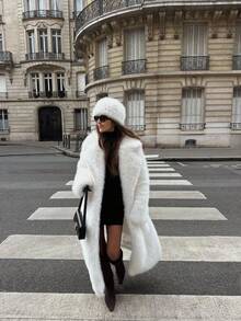 ORNATELLA 女士长款蓬松领优雅现代时尚夹克，适合节日聚会服装 - 白色 - 查看 5