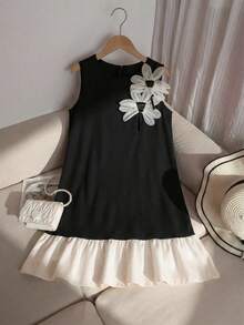 Vestido de estilo francés con cuello redondo, sin mangas, corte evasé y volantes en el bajo para niña preadolescente, con decoración floral 3D, adecuado para reuniones familiares y uso diario - Blanco y Negro - Ver 3