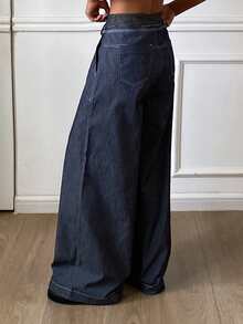 DAZY 女士二合一腰部抽绳系带宽松阔腿牛仔裤，休闲都市风 - 深色水洗藍 - 查看 4