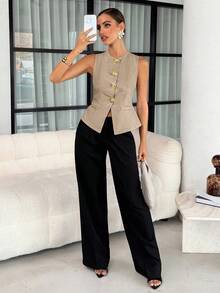 Lavishia 法式风格女士无袖背心，通勤装，金属大纽扣衬衫，夏季波西米亚机场风 - 駝色 - 查看 5