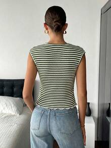 Siren Gaze 女士条纹圆领蝙蝠袖修身T恤，夏季 - 軍綠色 - 查看 2