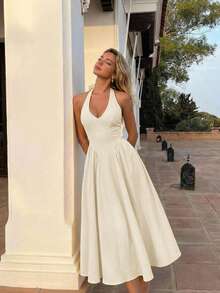 SHEIN MOD Women's Elegant Solid Color Backless Halter Dress, Summer,Summer Dresses For Women - Apricot - View 8