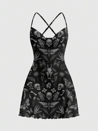 ROMWE Gothic Dark Mysterious Horror Butterfly Sun Moon Star Moth Plant Bohemian Sexy Vacation Dress For Women