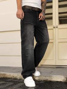 Manfinity Hypemode Quần jeans nam ống rộng màu đen xám bạc, kiểu dáng thường ngày, phù hợp cho mọi mùa. - màu đen - Xem 9