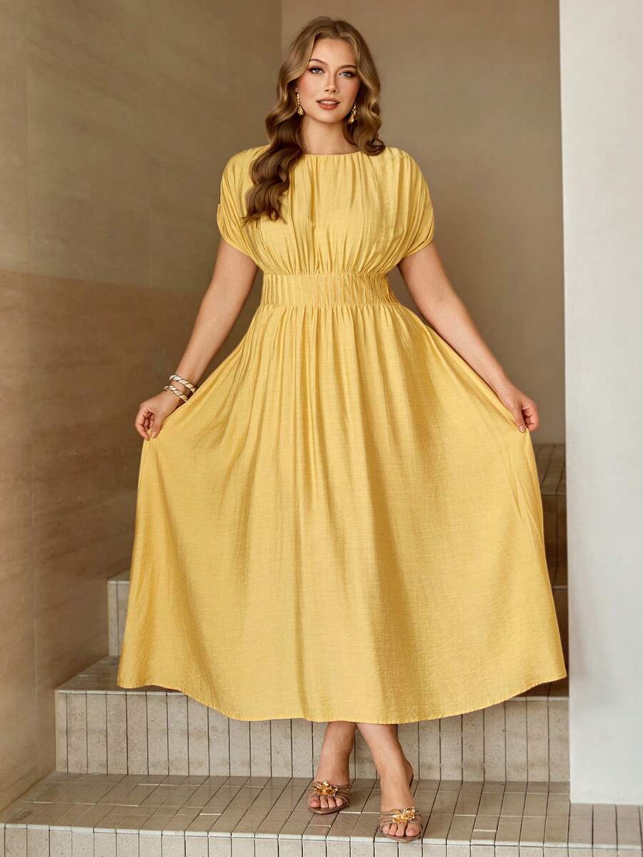 Roveilla Elegant Yellow A Line Plus Size Dress For Women Shirred Round Neck Short Puff Sleeve Long Flared Hem Woven Fabric Simple Chic Summer Modest Dress - Yellow - View 1