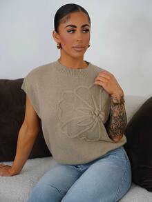 SAYEHFBABY 女式花卉蝙蝠袖宽松休闲针织上衣，秋季 - 駝色 - 查看 5