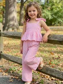 SHEIN 2pcs Young Girl Woven Striped Camisole Top And Pants Set - Multicolor - View 4