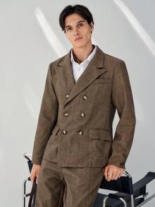 RONVEXI Men's Herringbone Mandarin Collar Double-Breasted Jacket And Pants Business Suit Set - Rust Brown - View 6