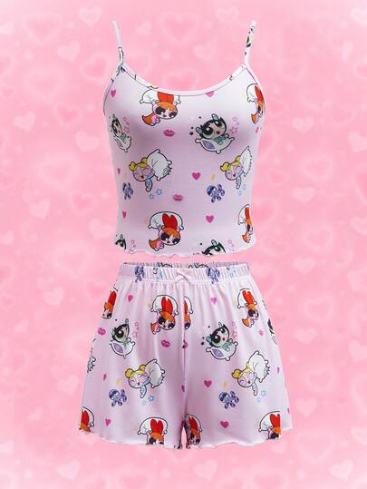 THE POWERPUFF GIRLS X SHEIN 女士夏季可爱卡通印花荷叶边吊带背心和短裤睡衣套装
