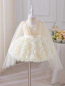 SHEIN Glamorique Kids 女嬰公主禮服，奶油白色夏季優雅婚禮花童禮服，3D花卉網紗薄紗正式禮服，附網紗披肩，生日派對洗禮儀式適用 - 杏色 - 查看 8