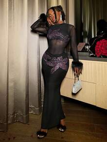 Slaydiva 2025新款优雅女士派对生日酒吧夜店约会姐妹聚会性感网纱花卉水钻袖口长袖透视连衣裙 - E - 黑色 - 查看 5