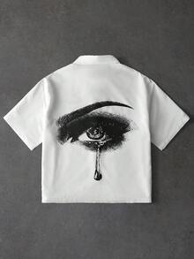 PAVTROS Men's Casual Eye & Teardrop Print Button Front Short Sleeve Shirt - White - View 1