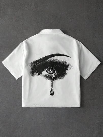 PAVTROS メンズカジュアル アイ&ティアドロップ プリント ボタンフロント 半袖シャツ