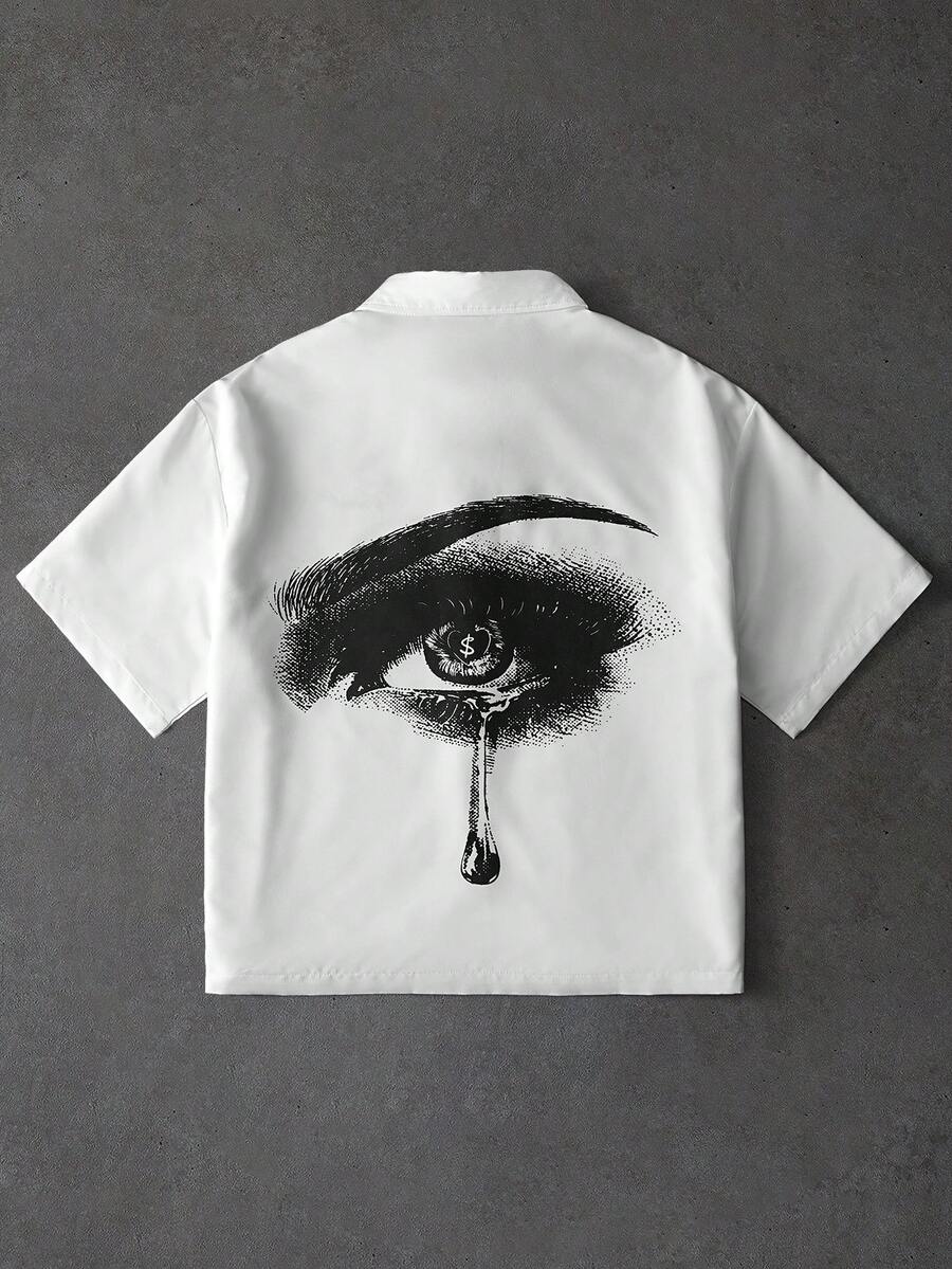 PAVTROS Men's Casual Eye & Teardrop Print Button Front Short Sleeve Shirt - White - View 1