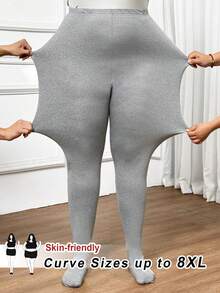SHEIN CURVE+ Plus Size Black Mesh Lined Fleece Leggings, Autumn/Winter - Light Grey - View 9
