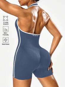 Solea Cove Women's Seamless Solid Color Halter Backless Romper - Dusty Blue - View 6